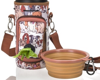 Wasserflasche 32oz Träger mit Schüssel & Tasche, trinken gemütliche Poop Tasche Halter Hund Muster, verstellbare Kordelzug kleinere Größen - perfektes Geschenk