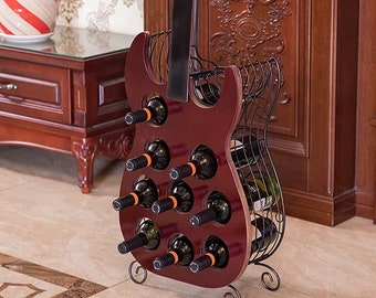 Musician Wine Bottle Rack Storage Guitar Shaped Modern Industrial Metal Modern Home Decor Wine Display  - Holds 9 Bottles & 4 Glasses