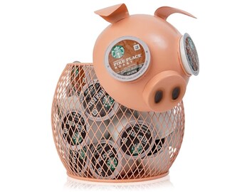 Coffee K-Cup Holder Pink PIG Design Storage Basket - Gifts for Animal Lovers Vintage Unique Metal Tea Pods Organizer Container - Holds 25