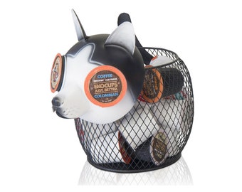 Coffee K-Cup Holder Husky Dog Design Storage Basket - Gifts for Animal Lovers Vintage Unique Metal Tea Pods Organizer Container - Holds 25
