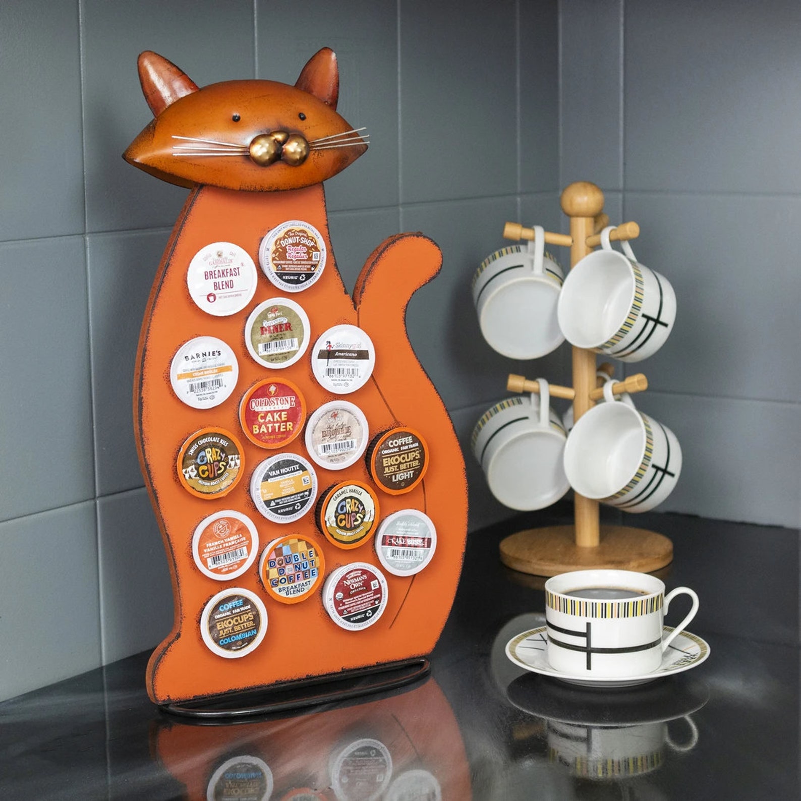 Coffee K-Cup Holder Cat Storage Large Organizer 18" Tall Gifts for Animal Lovers Wood & Metal Sculpture Unique Tea Pods Container - Holds 16