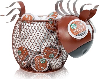 Coffee K-Cup Holder HORSE Design Storage Basket - Gifts for Animal Lovers Vintage Farm Unique Metal Tea Pods Organizer Container - Holds 25