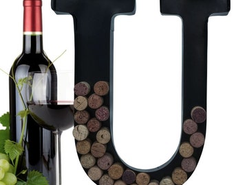 Personalized Wine Cork Holder Letter U Alphabet Shape Letra Abecedario Metal Vintage Modern Home Decor - Wall Mount Kit Included (2 Sizes)