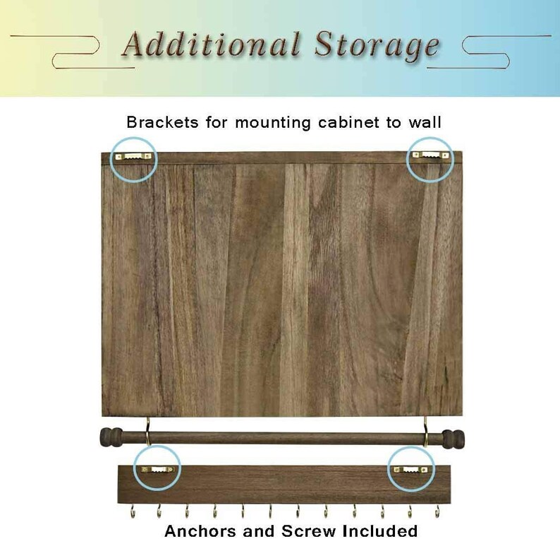 Natural Wood Wall Mounted Jewelry Cabinet Box Light Brown Organizer Hanger Storage Necklace Earrings Accessory Holder w/ Hooks Gifts for Her afbeelding 9