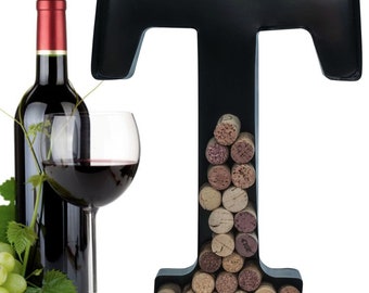 Personalized Wine Cork Holder Letter T Alphabet Shape Letra Abecedario Metal Vintage Modern Home Decor - Wall Mount Kit Included (2 Sizes)