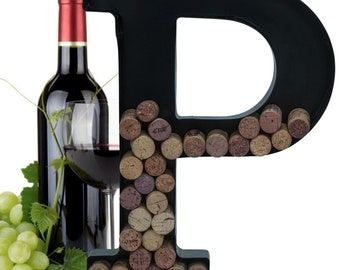 Personalized Wine Cork Holder Letter P Alphabet Shape Letra Abecedario Metal Vintage Modern Home Decor - Wall Mount Kit Included (2 Sizes)