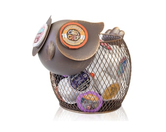 Coffee K-Cup Holder Owl Design Storage Basket - Gifts for Animal Lovers Vintage Unique Metal Tea Pods Organizer Container - Holds 25