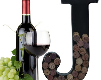 Personalized Wine Cork Holder Letter J Alphabet Shape Letra Abecedario Metal Vintage Modern Home Decor - Wall Mount Kit Included (2 Sizes)