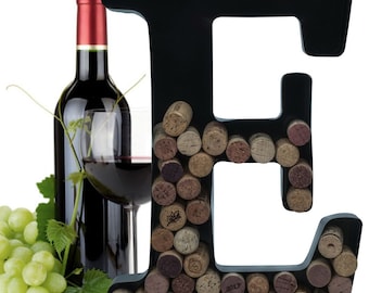 Personalized Wine Cork Holder Letter E Alphabet Shape Letra Abecedario Metal Vintage Modern Home Decor - Wall Mount Kit Included (2 Sizes)