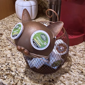 Coffee K-Cup Holder Cat & Dog Design Storage Basket - Gifts for Animal Lovers Vintage Unique Metal Tea Pods Organizer Container - Holds 25
