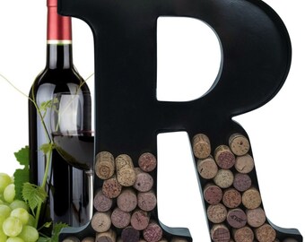 Personalized Wine Cork Holder Letter R Alphabet Shape Letra Abecedario Metal Vintage Modern Home Decor - Wall Mount Kit Included (2 Sizes)