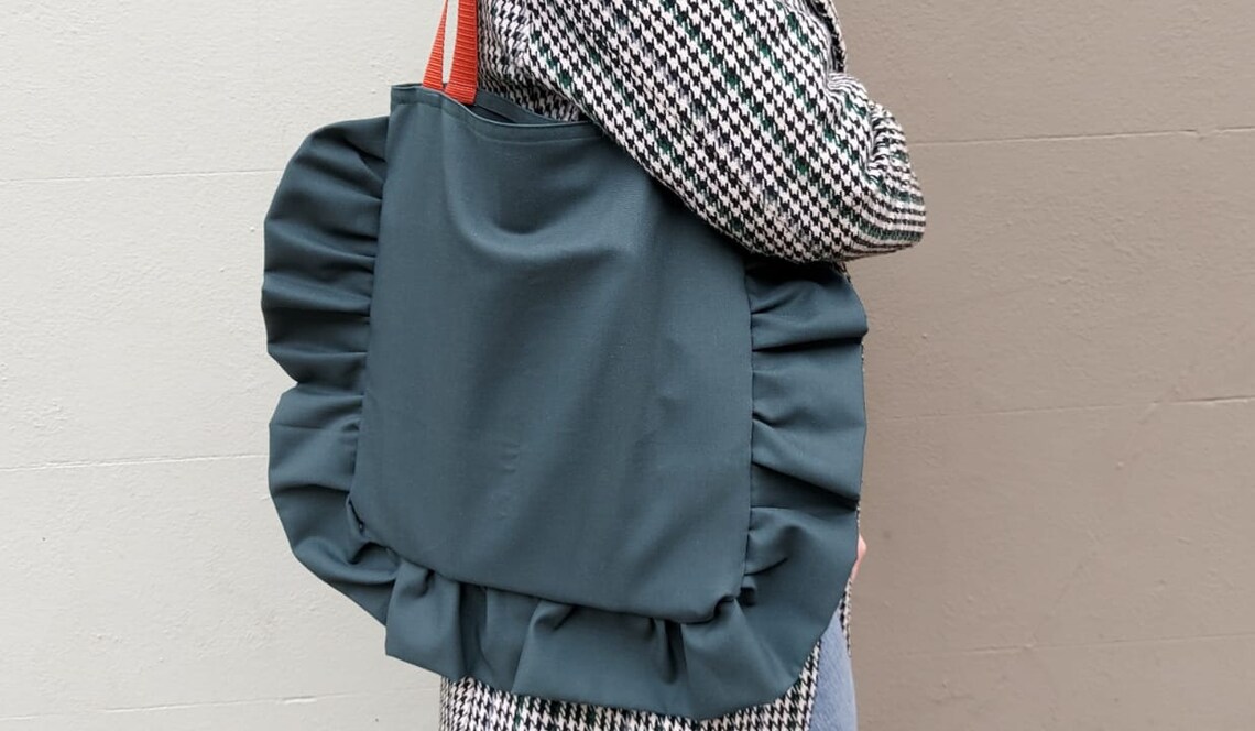 Dark Green Ruffle Bag with a Contrasting Burnt Orange Strap Etsy