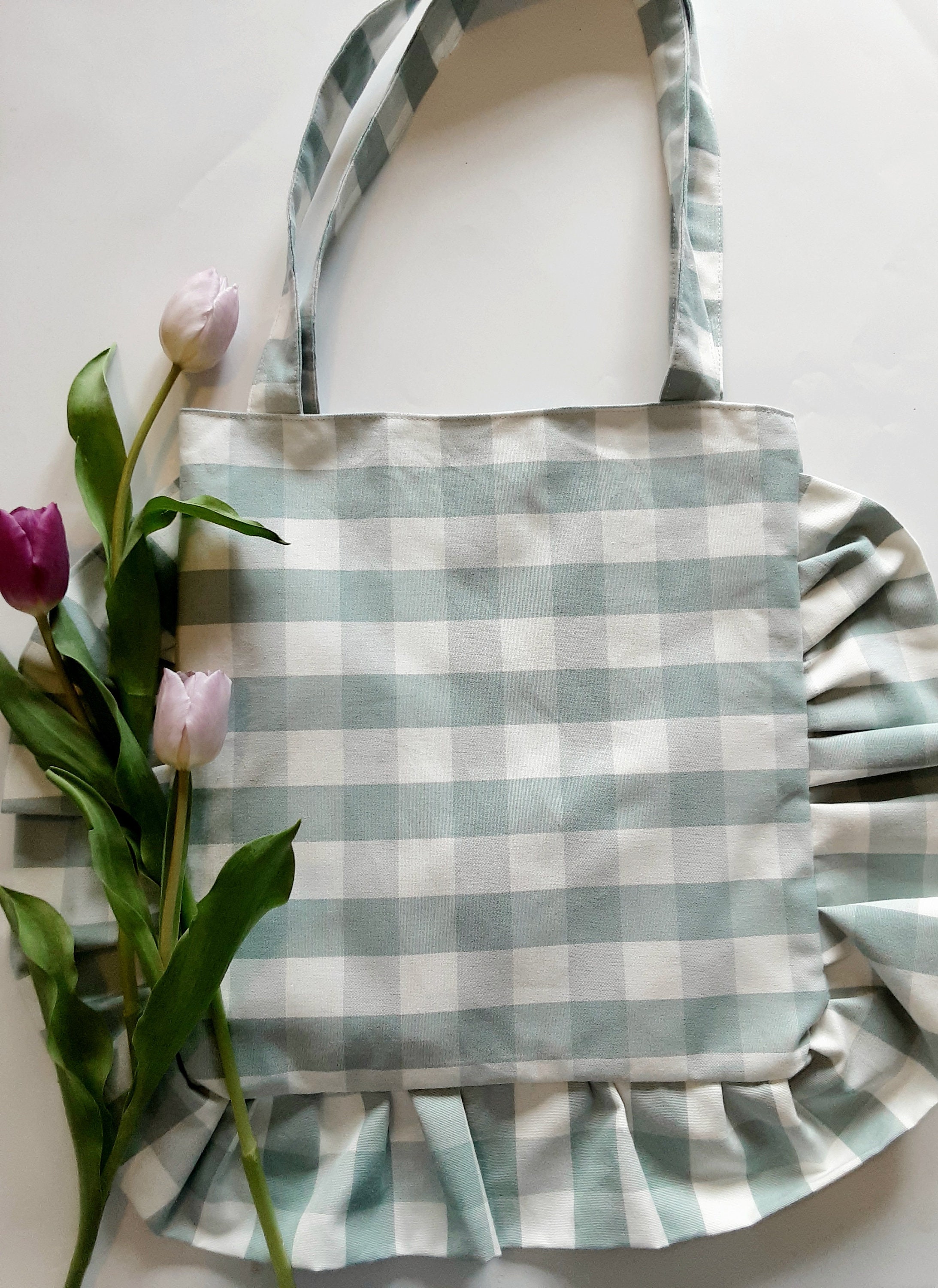 Ruffle Bag Gingham Pastel Green and White 100 Cotton Etsy