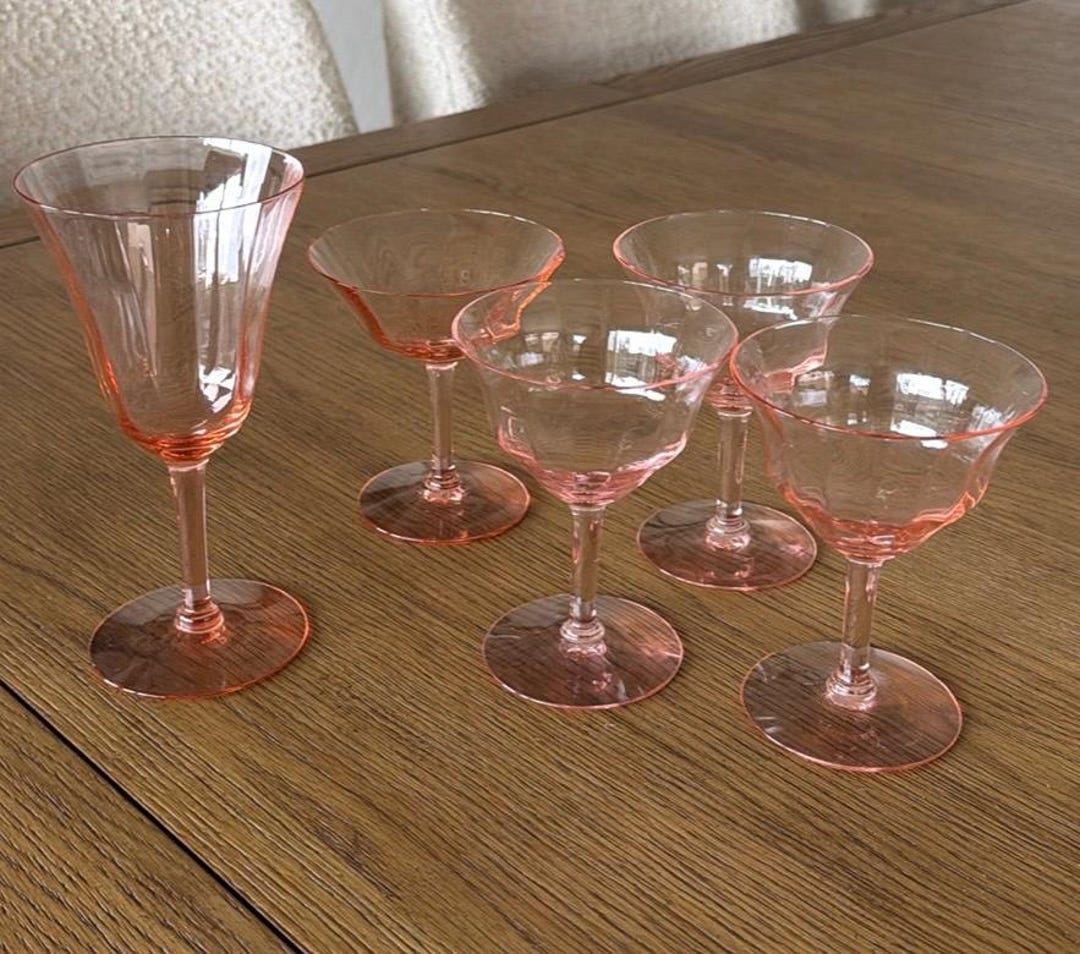 Vintage Pink Depression Glass Stemware Set of 5 | Etched Coupe & Wine ...