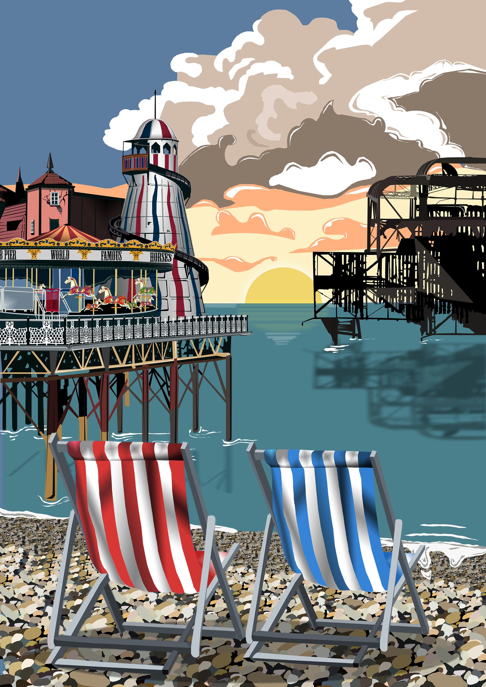 Brighton Pier Poster Retro UK vintage Style Travel Poster UK Etsy