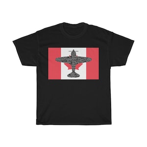 May include: Black t-shirt with a red and white Canadian flag design. The flag is made up of the silhouette of a plane with the words "ROMEO UNIFORM JULIETT" and other words inside the plane.