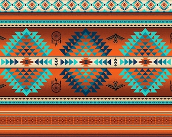 Op de afbeelding: Een naadloos patroon met een ontwerp geïnspireerd door Amerikaanse indianen. Het patroon heeft een repeterend geometrisch ontwerp in tinten blauw, oranje en wit. Het patroon is perfect voor gebruik in verschillende ambachten en projecten.