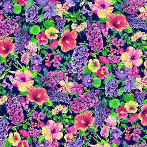 Hummingbird Heaven Allover Flowers - Navy - sold by the yard