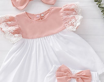 BABY BABIES GIRLS SPANISH SUN FRILLY DRESS PANTS 3PC SET HEADBAND OUTFIT DRESSES