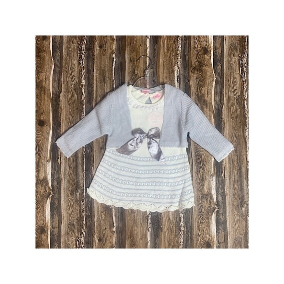 JustKiddinClothing Baby Girls Spanish Romany Style Grey Knitted Dress with Bow and Bolero Cardigan