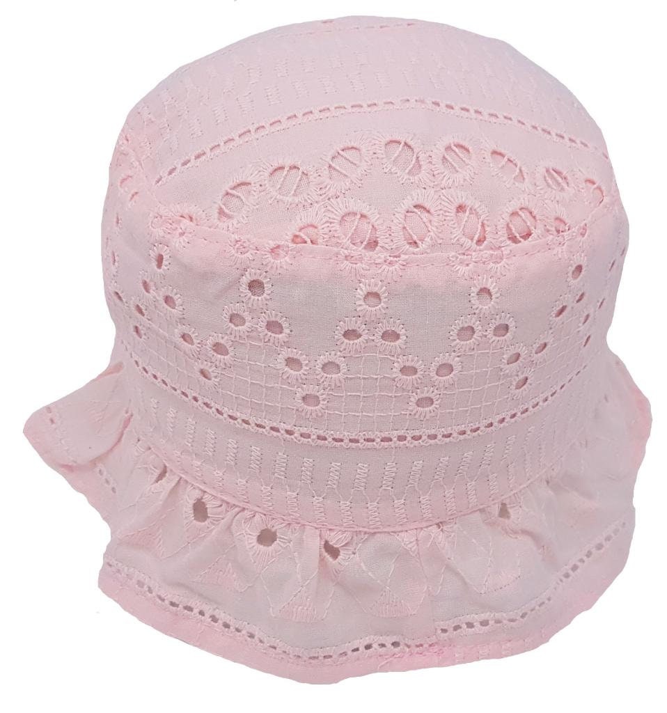 Baby Girl Romany Broiderie Anglaise Pink/White Peak Neck Lace Trim Summer Hat 