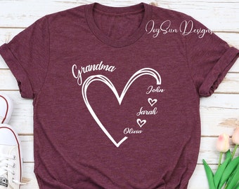 Camiseta de abuela personalizada, camiseta de corazón de abuela, camiseta de abuela, camiseta con nombre de nietos, camiseta de regalo para abuela, camiseta de Nana