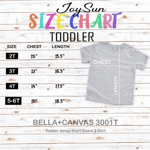 Puede incluir: Tabla de tallas para camisetas de ni&ntilde;o peque&ntilde;o de Bella + Canvas. La tabla muestra las medidas de pecho y largo en pulgadas para las tallas 2T, 3T, 4T y 5-6T.