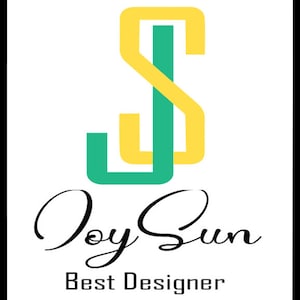 May include: A logo with the intertwined letters "JS" in yellow and teal green, above the cursive text "Joy Sun" and the words "Best Designer" in a sans-serif font, all on a white background with a black border.