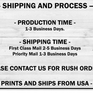 May include: Text on a white wooden background reads "SHIPPING AND PROCESS". Below, it details production and shipping times, including "1-3 Business Days" and "First Class Mail 2-5 Business Days". It also states "PRINTS AND SHIPS FROM USA".