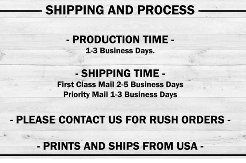 May include: Text on a white wooden background reads "SHIPPING AND PROCESS". Below, it details production and shipping times, including "1-3 Business Days" and "First Class Mail 2-5 Business Days". It also states "PRINTS AND SHIPS FROM USA".