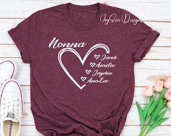 Camiseta personalizada de abuela, camiseta con corazón de abuela, camiseta con nombre para niños, camiseta de regalo para abuela, camiseta personalizada de Nana, camiseta personalizada de mamá