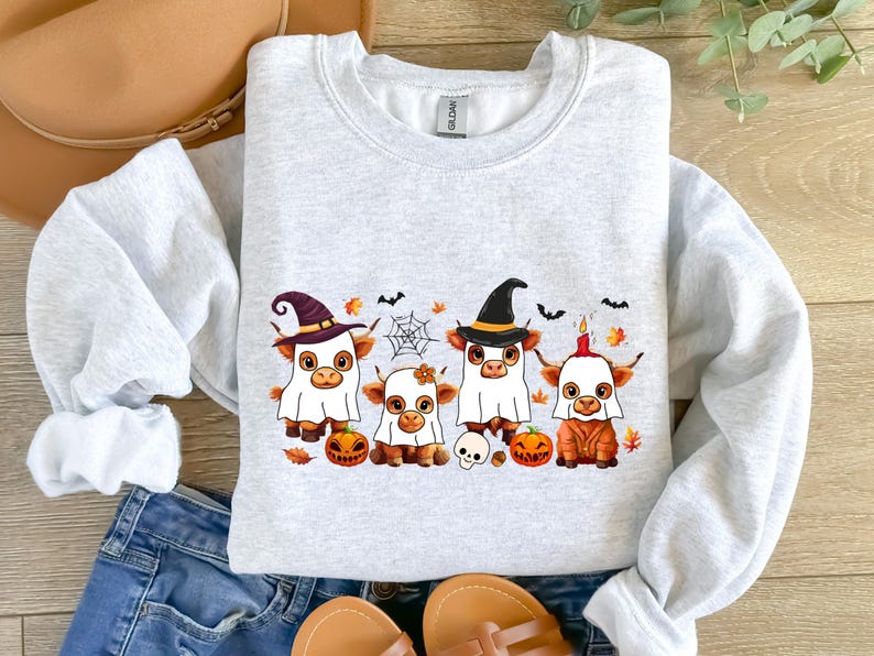 May include: Light gray sweatshirt featuring a Halloween-themed design. The graphic depicts four cartoon Highland cows dressed in costumes, including witch hats and ghost costumes, with pumpkins, bats, and a spiderweb. The sweatshirt is made of a soft material.