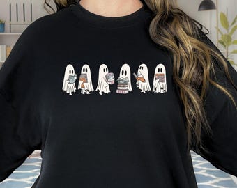 Ghost Reading Books Sweater, Bookish Halloween Sweatshirt, Halloween Teacher Gift, Librarian Halloween Hoodie, Ghost Crewneck gift shirt