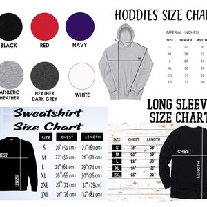 May include: Size chart for hoodies and sweatshirts in various colors, including black, red, navy, athletic heather, heather dark grey, and white. The chart shows measurements in inches and centimeters for chest and length.