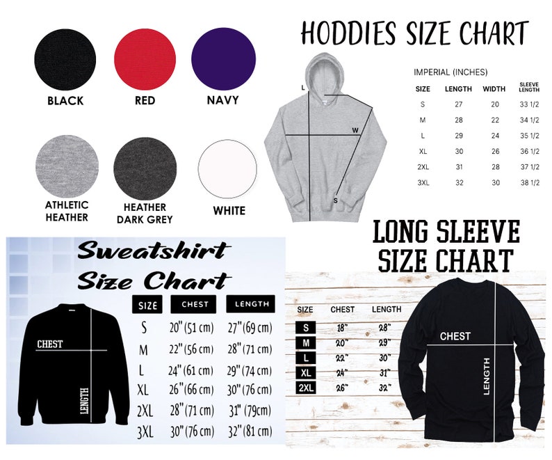 May include: Size chart for hoodies and sweatshirts in various colors, including black, red, navy, athletic heather, heather dark grey, and white. The chart shows measurements in inches and centimeters for chest and length.