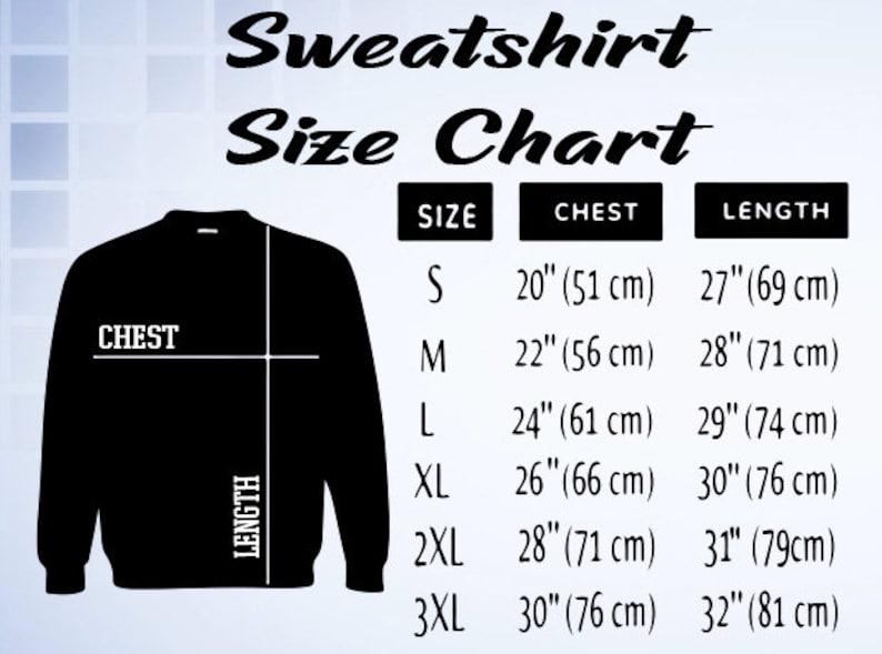 Pu&ograve; includere: Una tabella delle taglie di una felpa nera con misure in pollici e centimetri. La tabella mostra le misure del petto e della lunghezza per le taglie S, M, L, XL, 2XL e 3XL.