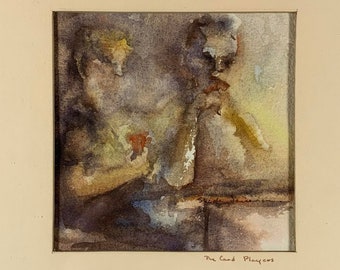 May include: A framed watercolor painting of two figures in a hazy, abstract style. The painting is titled "The Card Players".