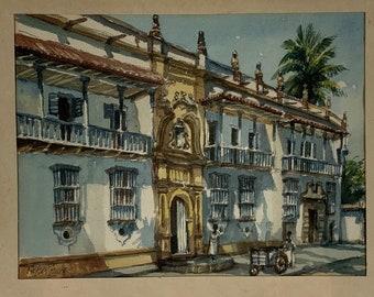 Vintage Watercolor of the Palacio de la Inquisition, Cartegena Colombia