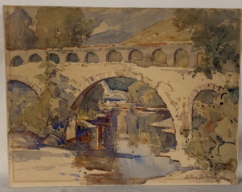 JULIUS DELBOS (1879-1970) Watercolor “Bridge with Landscape”