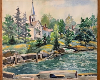Landscape with River and Church - Large Vintage Watercolor