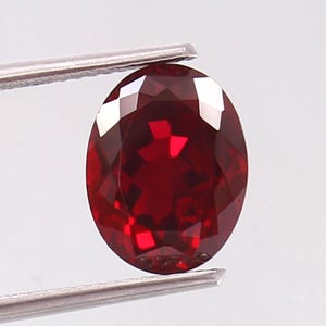 Puede incluir: Una gema facetada, de forma ovalada y color rojo intenso, sujeta con pinzas plateadas. La superficie de la gema refleja la luz, mostrando sus múltiples facetas y su rico color. Una pieza vibrante y llamativa.