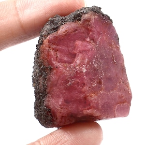 May include: A rough-cut ruby gemstone with a deep red hue. The ruby has a textured surface and a dark, almost black, outer layer. The gemstone is held in a person's hand.