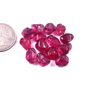 May include: A collection of raw, uncut ruby gemstones in varying sizes and shapes. The gems display a deep red hue with some areas of translucence. A US quarter coin is included for size comparison, highlighting the small scale of the stones.