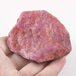 Op de afbeelding: Een ruwe robijn edelsteen met een roze-rode tint. Het oppervlak van de steen heeft een textuur met variaties in kleur en toon. De robijn wordt in een hand gehouden tegen een witte achtergrond.