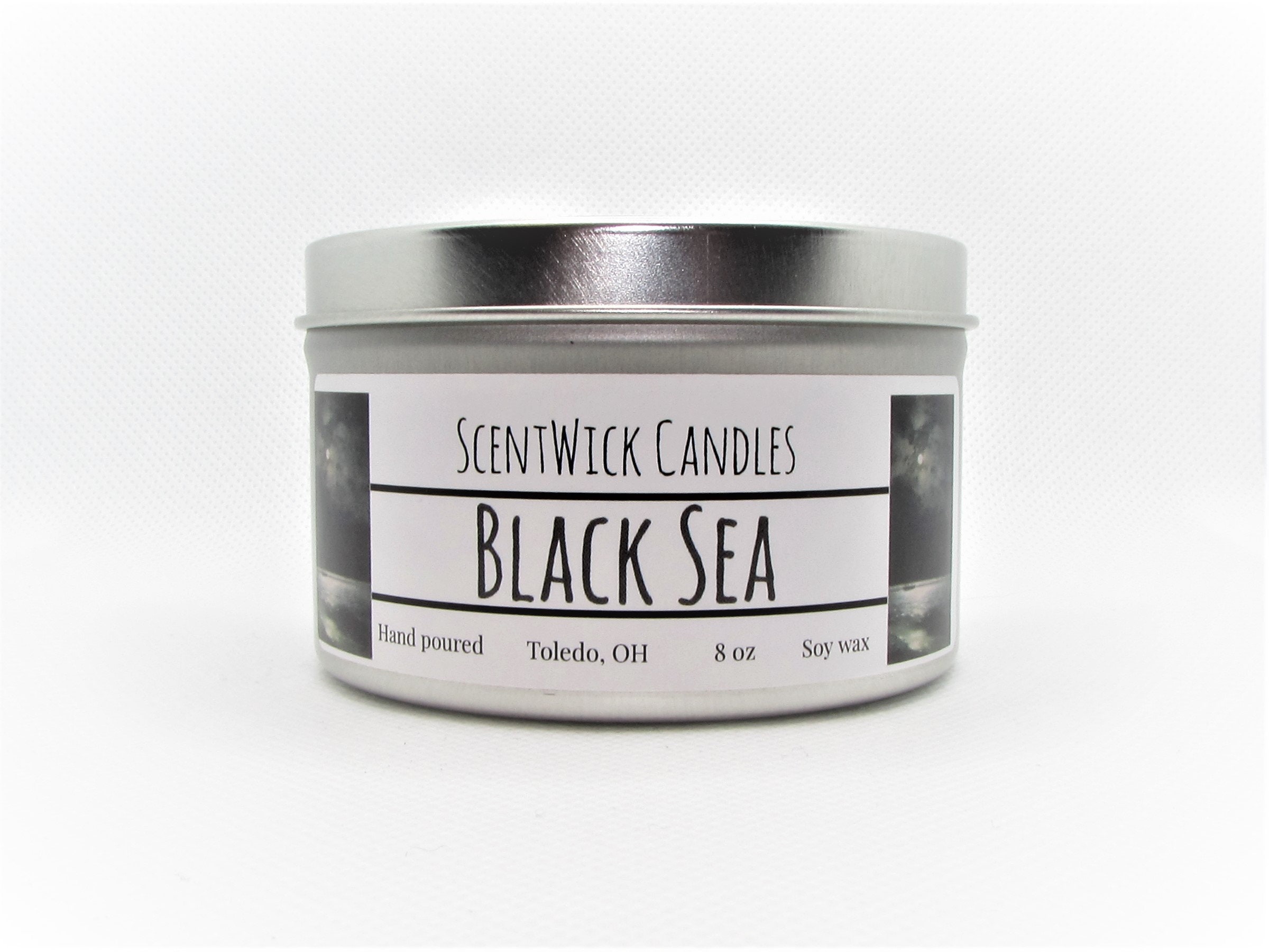 Black Sea Scented Natural Soy Wax Candle 8 Oz Crystal, Botanical /& Herb Garnished