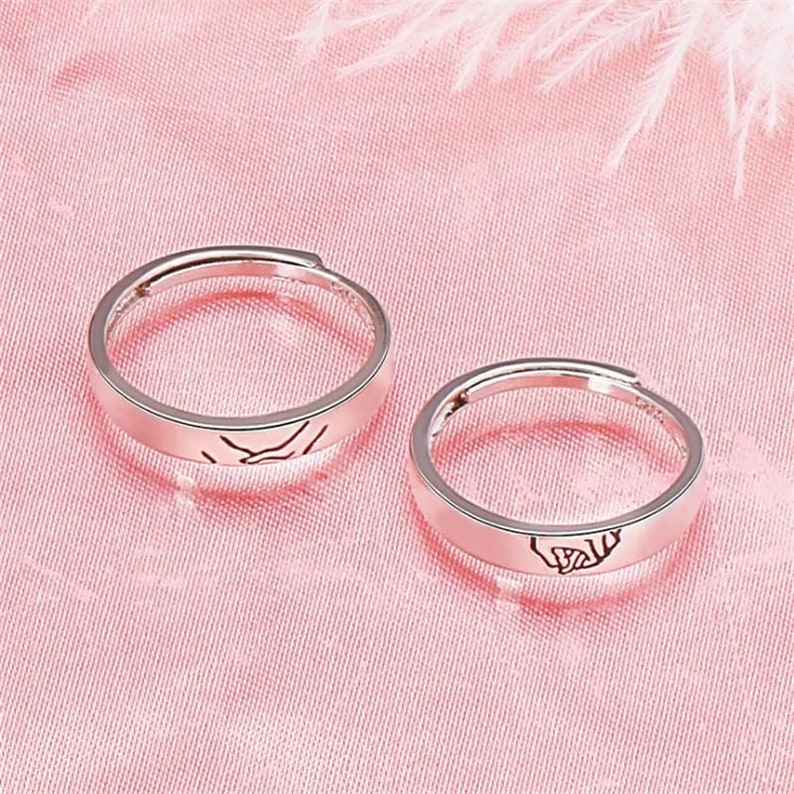 Wedding Anniversary Ring Slim Silver his and hers hand promise rings Silver Couple Promise Band Ring set Holding Hands couple Ring