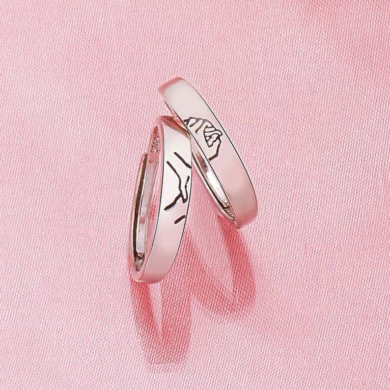Wedding Anniversary Ring Slim Silver his and hers hand promise rings Silver Couple Promise Band Ring set Holding Hands couple Ring