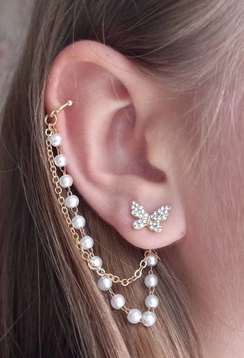 Long Butterfly Ear Cuffs Chain Dangle Chain Tassel Pearl Ear Etsy