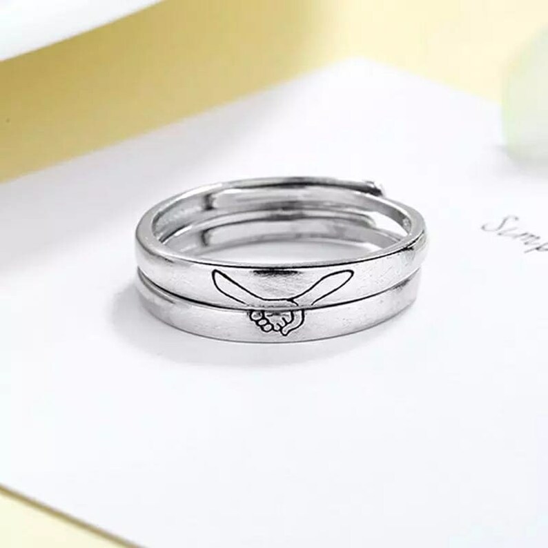 Wedding Anniversary Ring Slim Silver his and hers hand promise rings Silver Couple Promise Band Ring set Holding Hands couple Ring