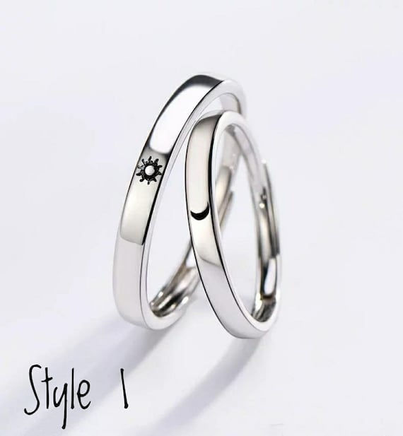 2PCS 925 Sterling Silver Adjustable Rings Couples Promise Engagement Rings for Him and Her Set Sun and Moon and Stars I Love You Rings 